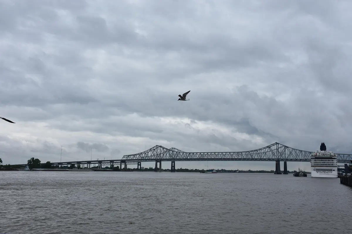 The long steel cantilever spans of the Crescent City Connection crossing the Mississippi River under heavy grey clouds, with a seagull in the sky